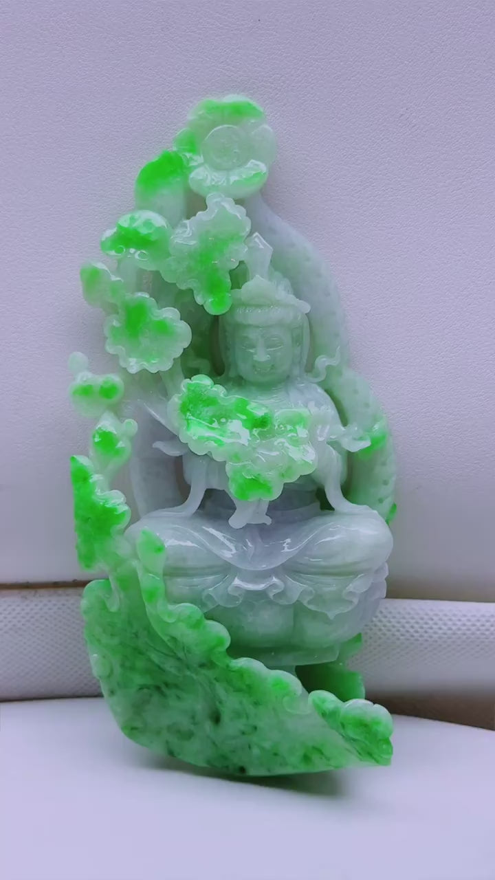 翡翠多色帶紫荷花觀音全擺件