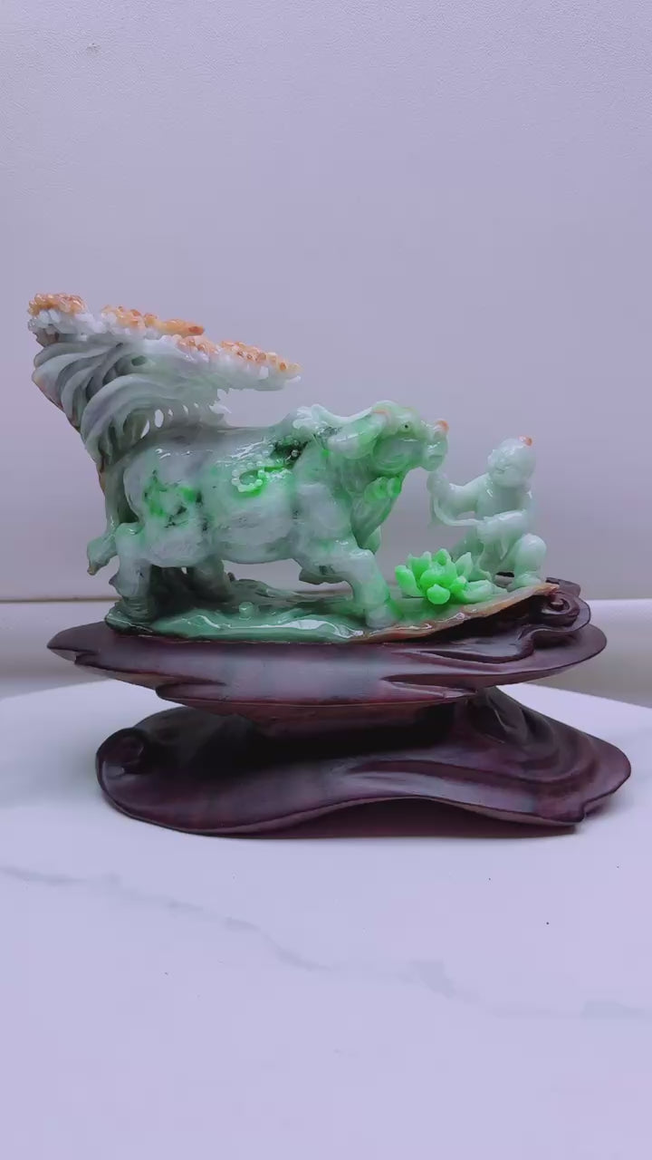 翡翠童子牧牛擺件