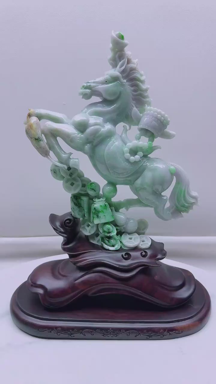 緬甸天然翡翠玉石精雕馬到成功擺件