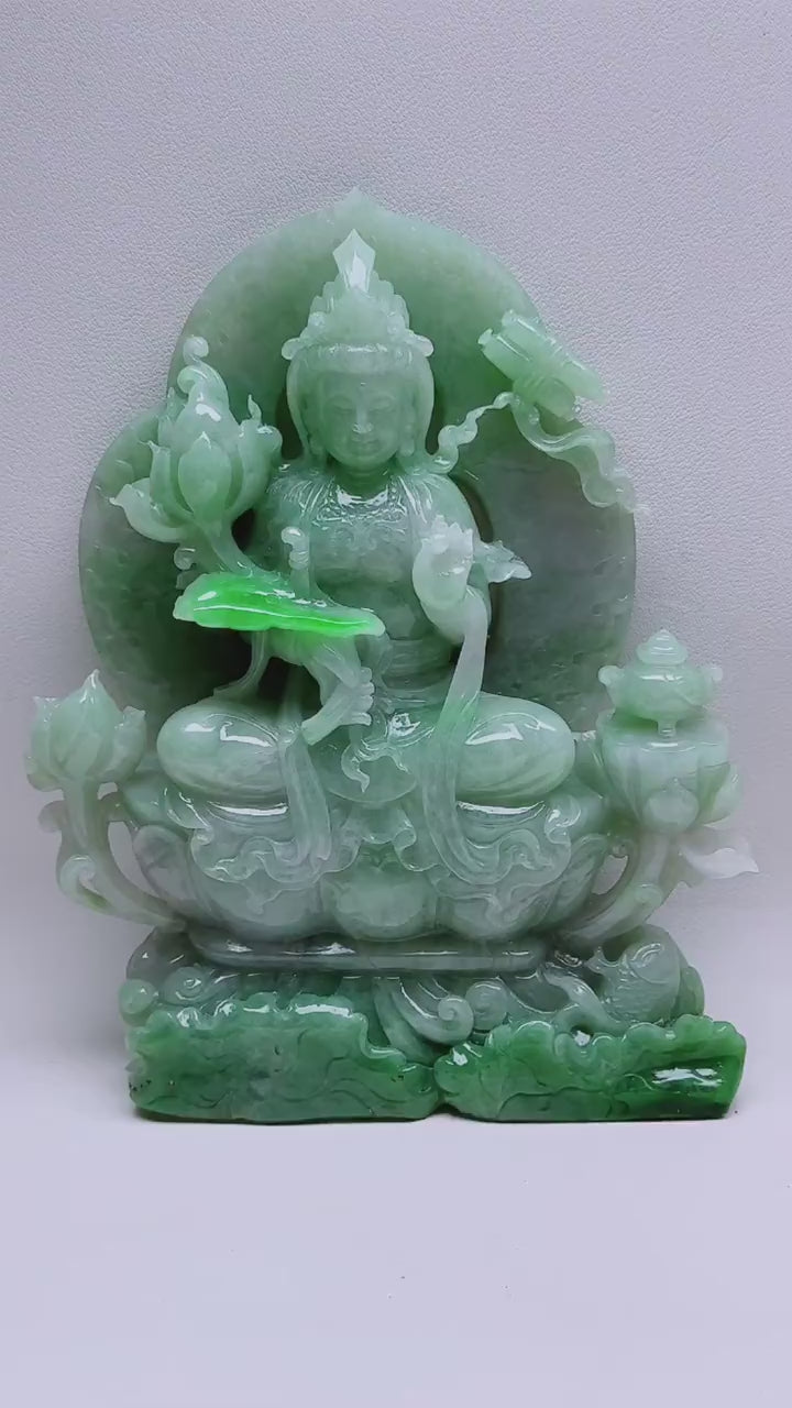 緬甸天然翡翠玉石精雕觀音擺件