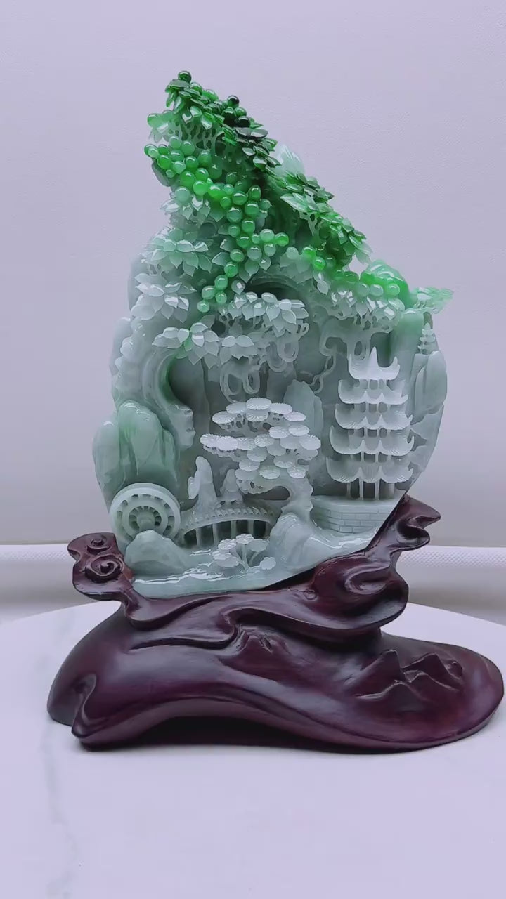 緬甸天然翡翠玉石精雕山水意境擺件