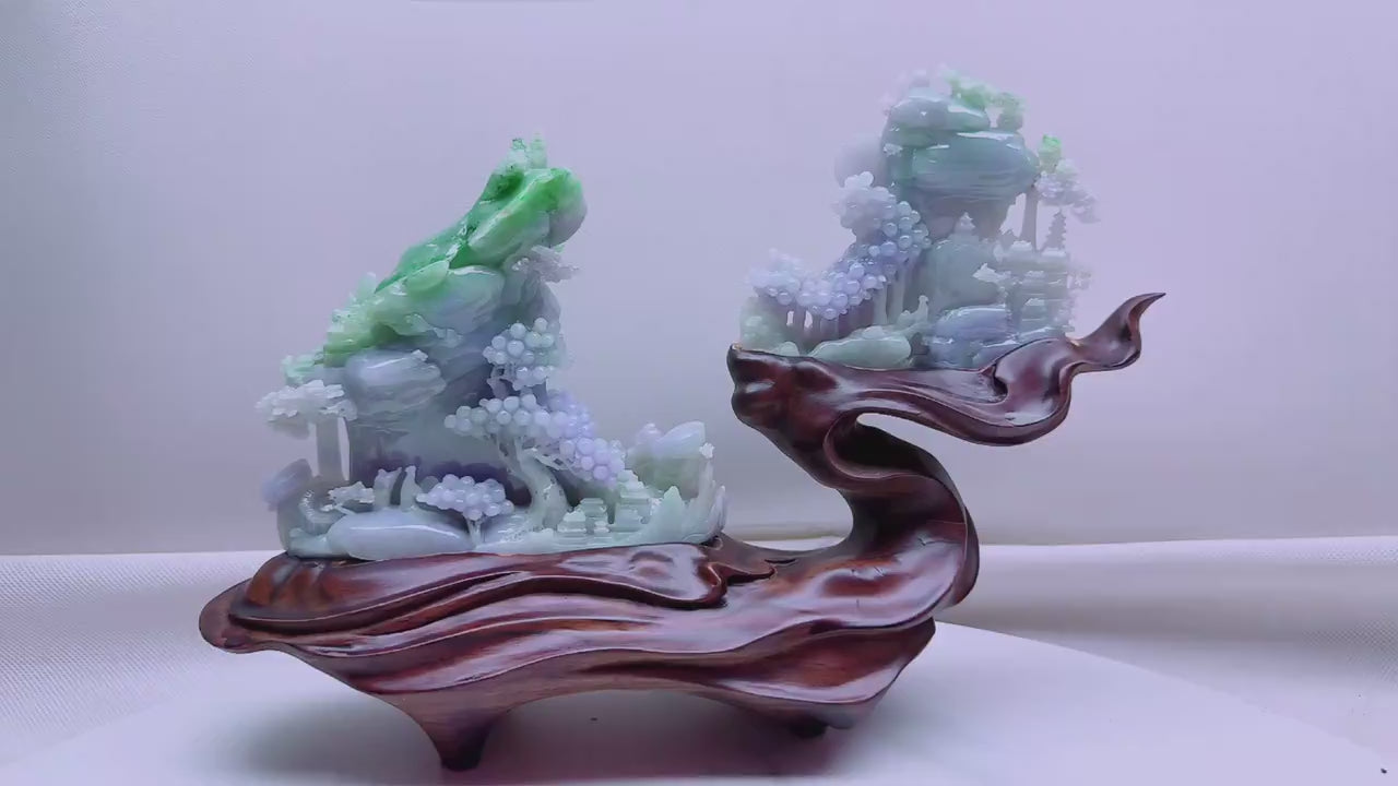 緬甸天然翡翠玉石精雕山水意境擺件