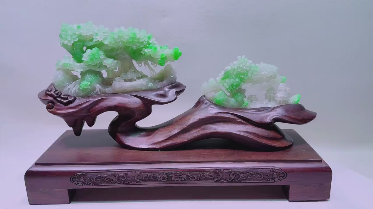 緬甸天然翡翠玉石精雕山水擺件