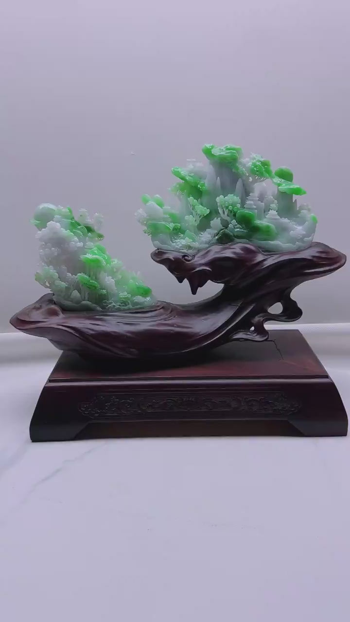 緬甸天然翡翠玉石精雕山水意境擺件