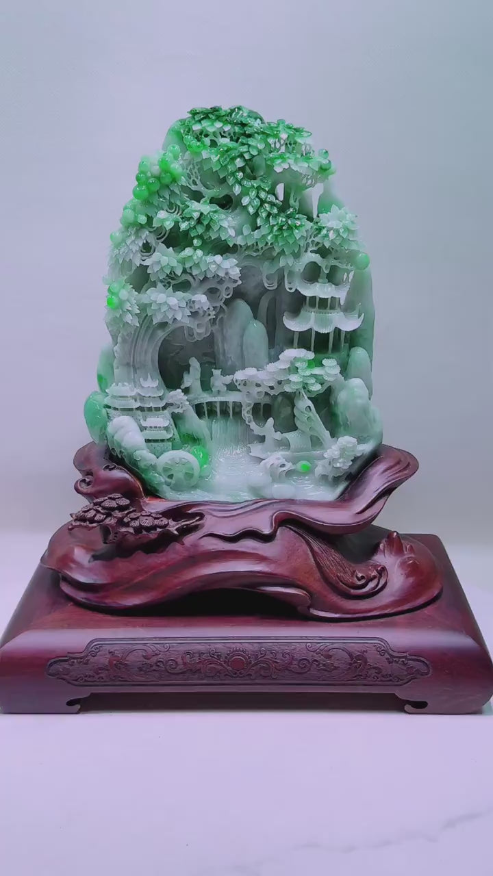 緬甸天然翡翠玉石精雕山水擺件