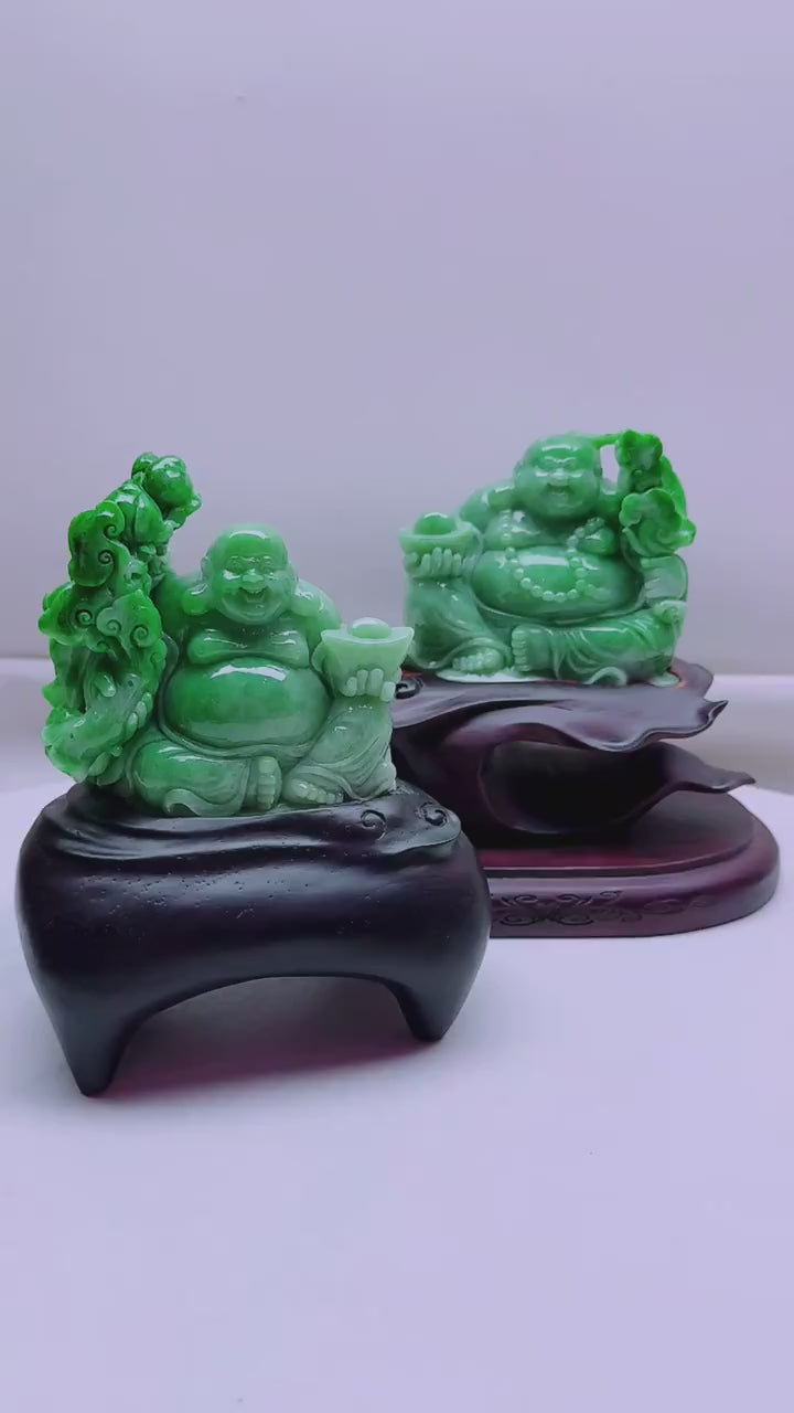 翡翠帶色彌勒擺件一對