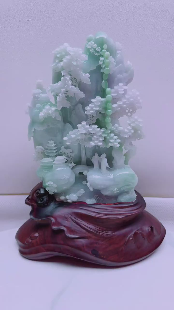緬甸天然翡翠玉石精雕山水意境擺件