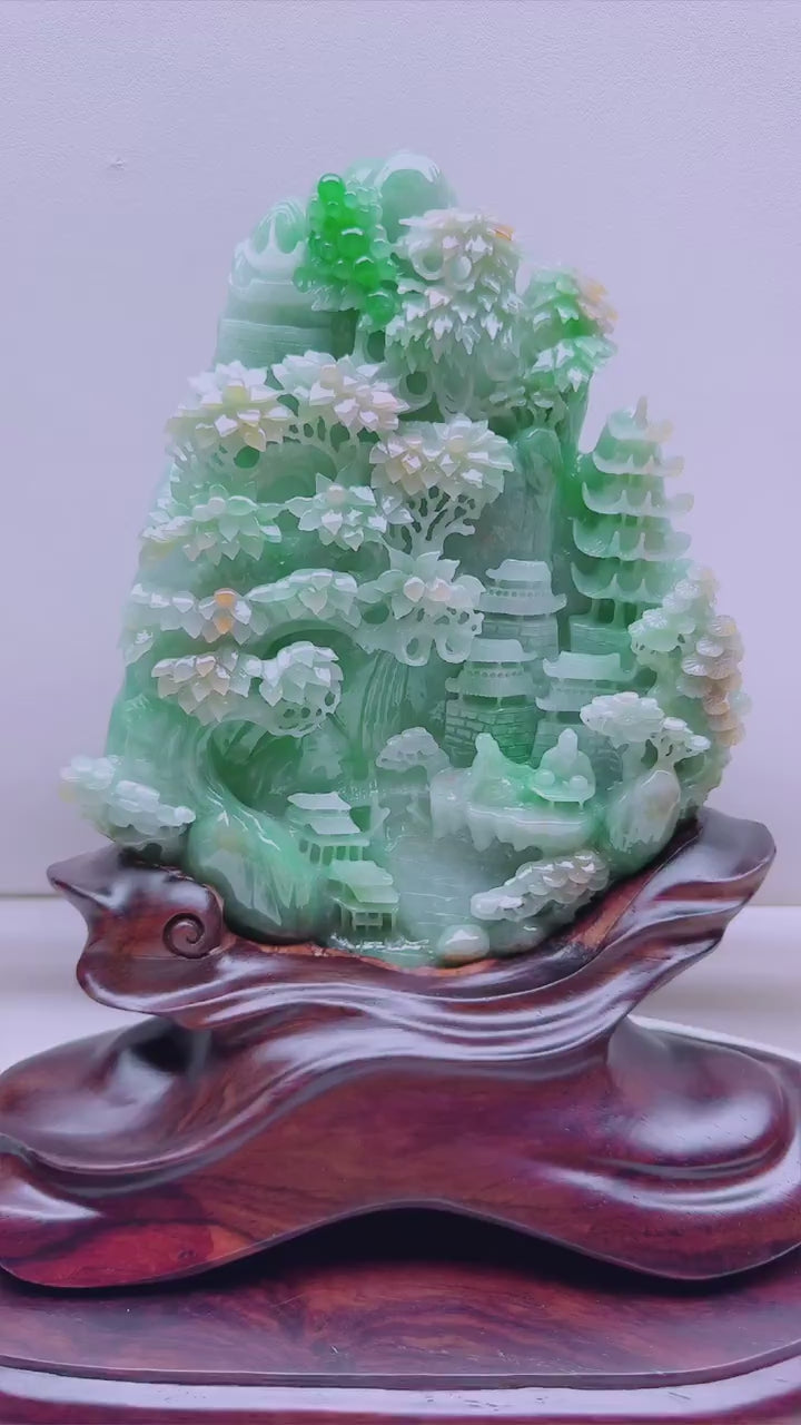 翡翠三彩精工山水擺件