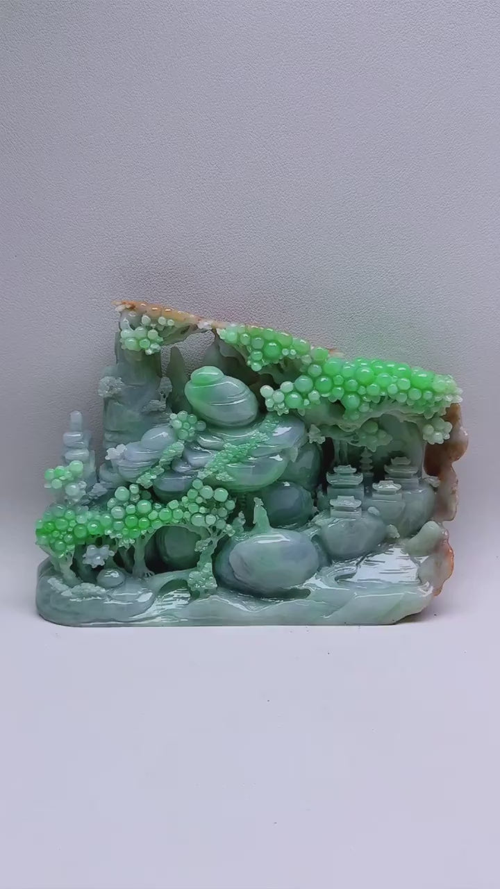 緬甸天然翡翠玉石精雕山水意境擺件