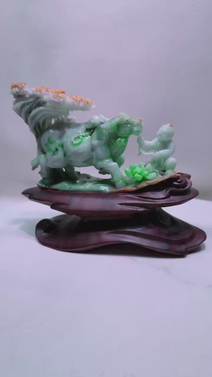 緬甸天然翡翠玉石精雕童子牧牛擺件