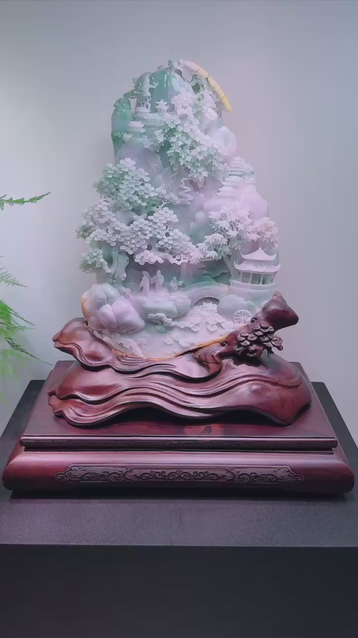 緬甸天然翡翠玉石精雕山水擺件