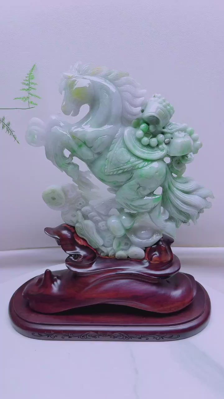 緬甸天然翡翠玉石精雕馬到成功擺件