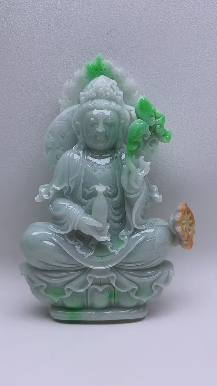 緬甸天然翡翠玉石精雕觀音擺件