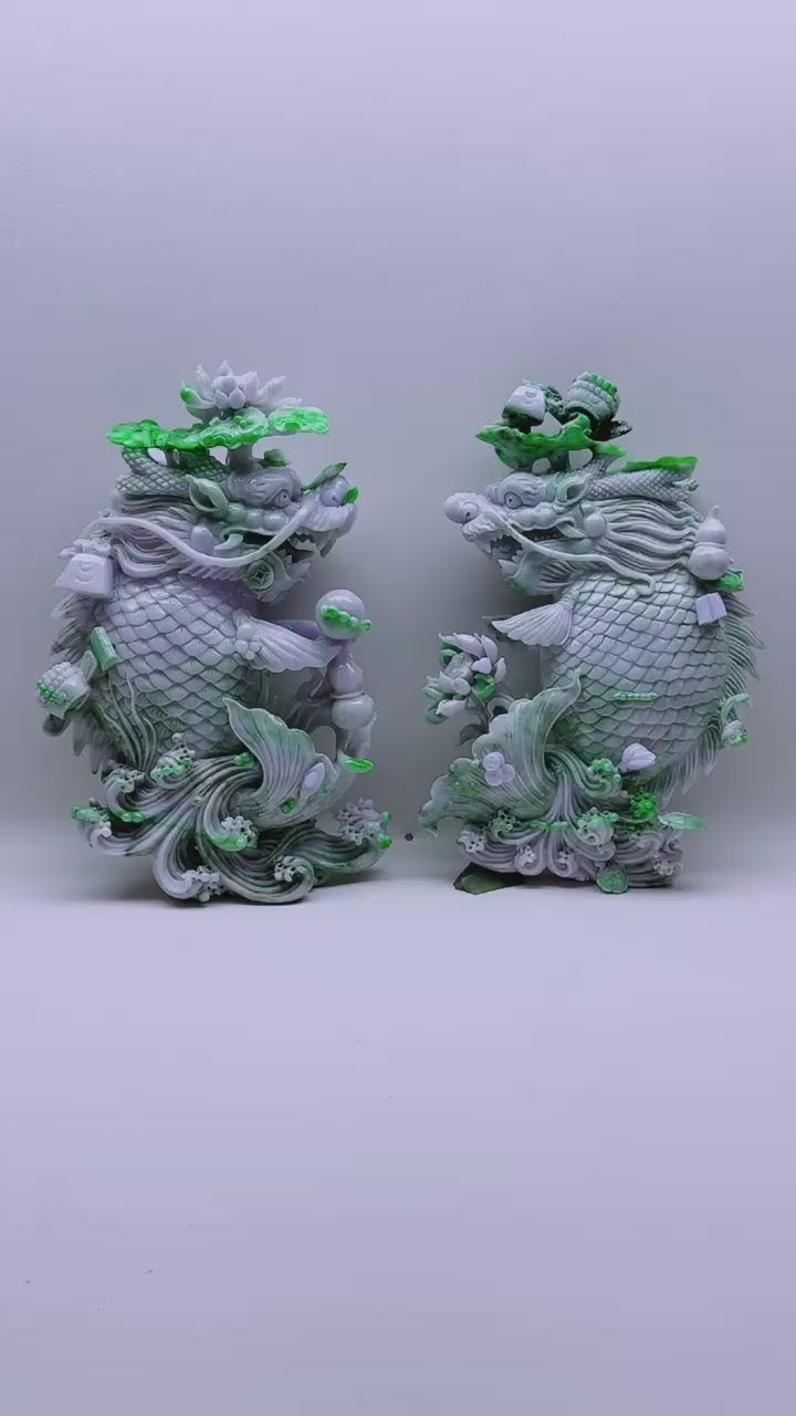 翡翠精品龍魚擺件一对