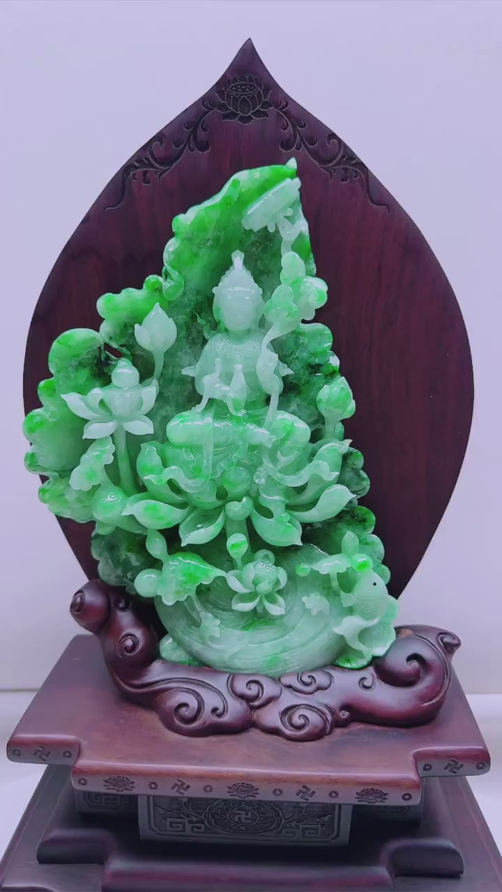 翡翠冰種淨瓶蓮花滿色觀音擺件