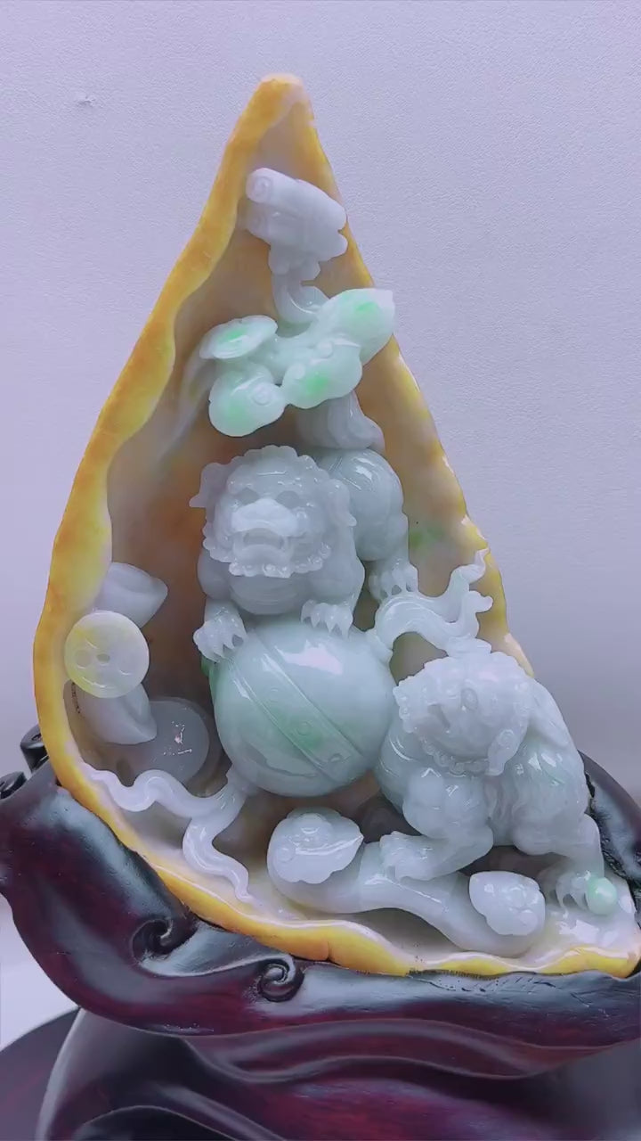 翡翠镇宅双瑞・狮滚绣球擺件