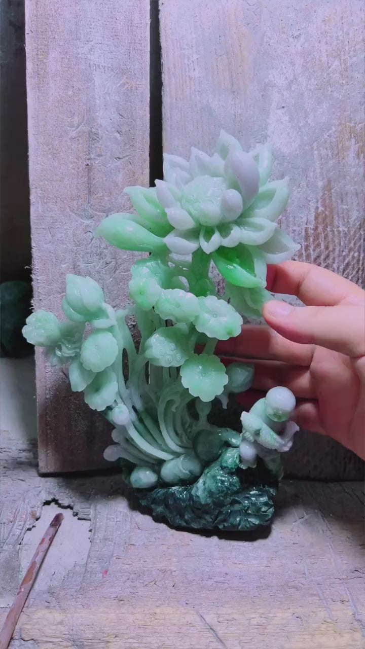 翡翠花開富貴年年有魚擺件