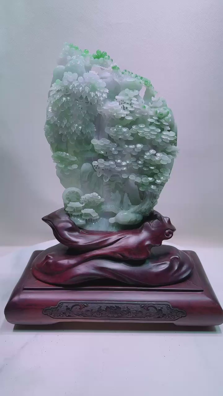 緬甸天然翡翠玉石精雕山水擺件
