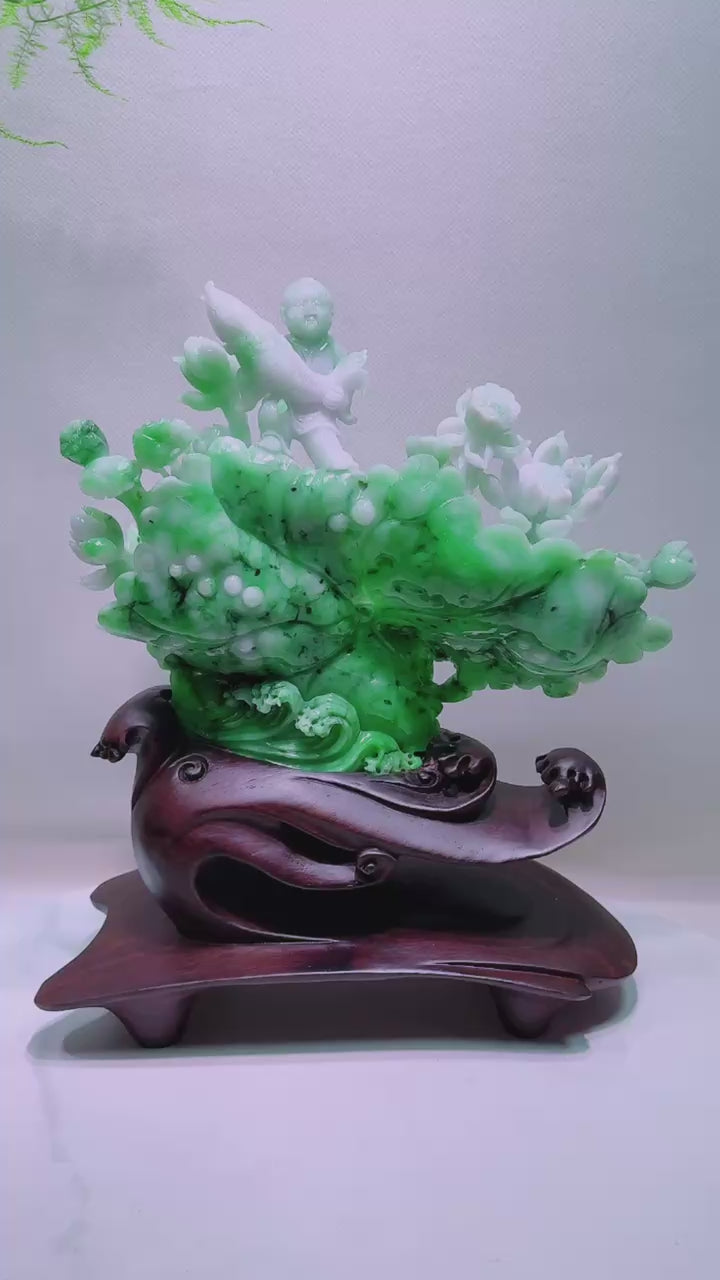 緬甸天然翡翠玉石精雕蓮蓮有魚擺件