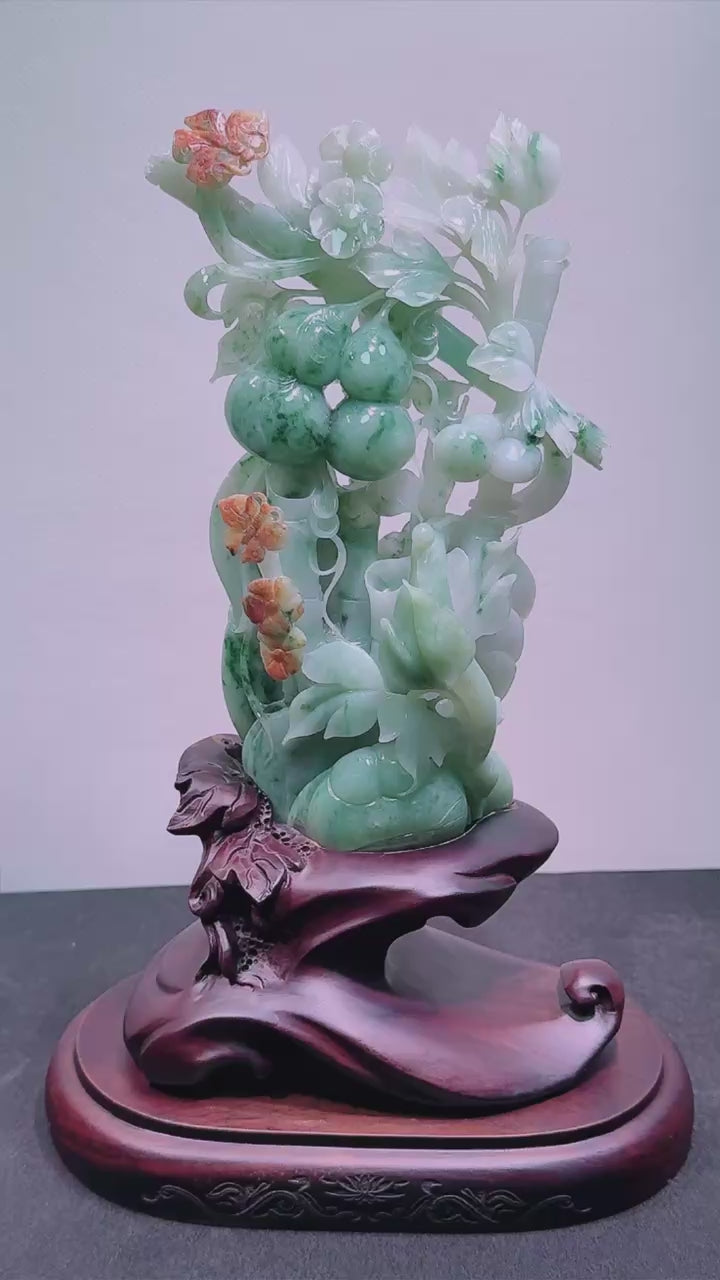 緬甸天然翡翠玉石精雕花盈蝶绕葫芦福瑞擺件