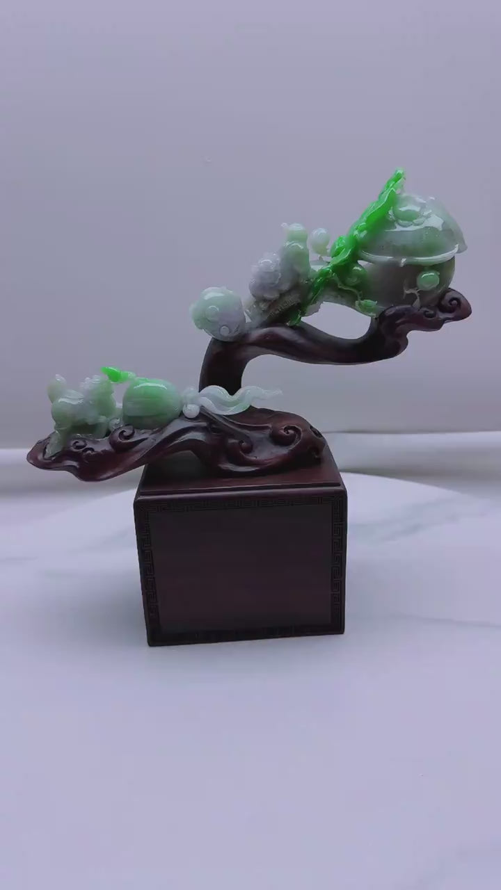 緬甸天然翡翠玉石精雕吉祥如意擺件