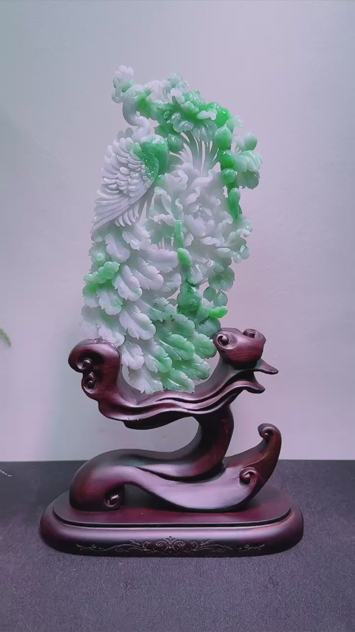 緬甸天然翡翠玉石精雕鳳鳴花影吉祥擺件