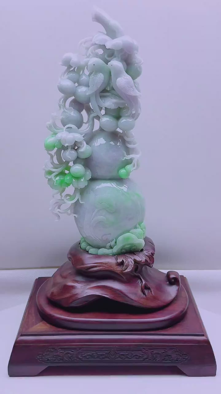 緬甸天然翡翠玉石精雕福祿雙棲擺件