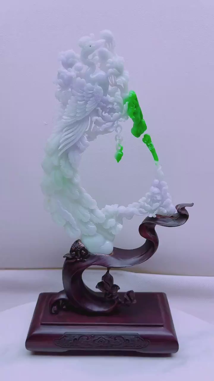 緬甸天然翡翠玉石精雕鳳鳴花影吉祥擺件